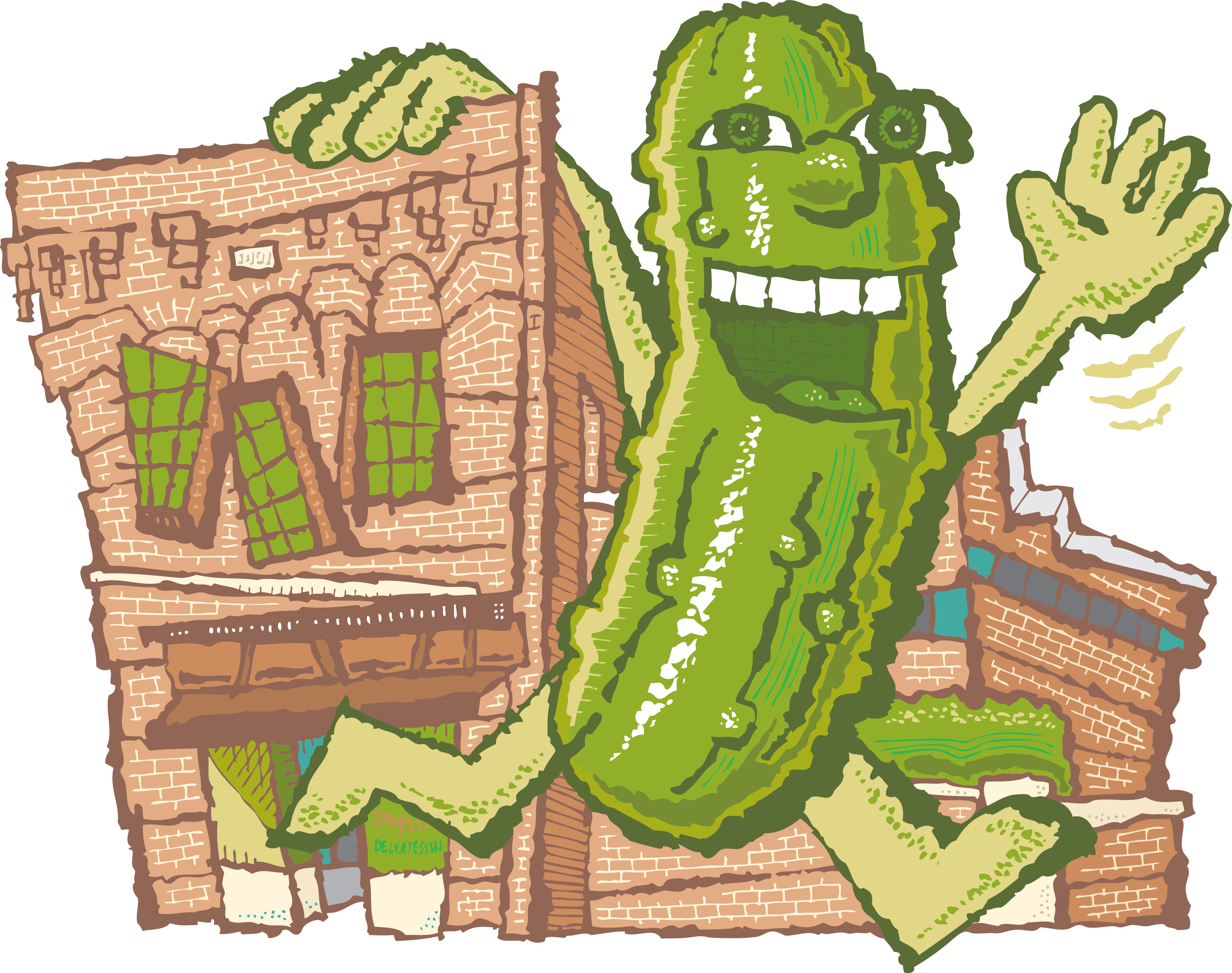 Illustration of a giant pickle waving in front of Zingerman's Deli