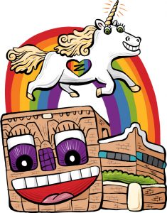 Unicorn on a rainbow over the Deli smiling
