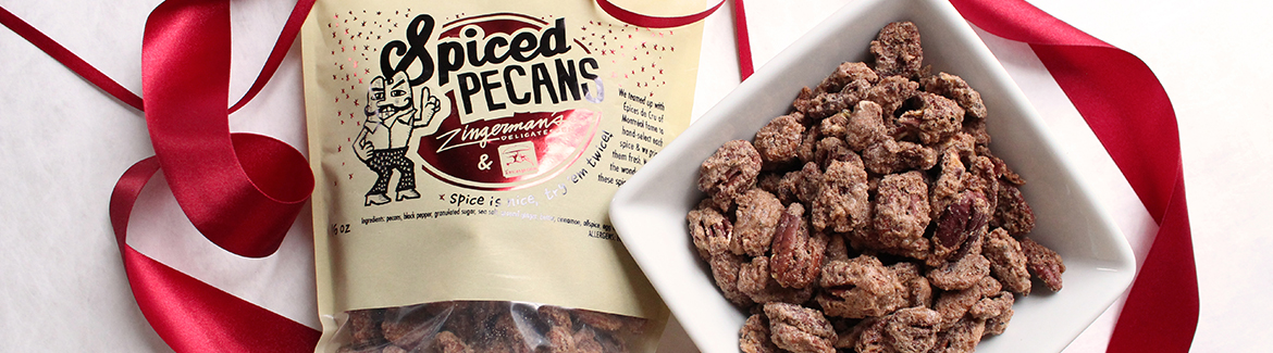 Zingerman's Deli holiday spiced pecan bag and a bowl of pecans