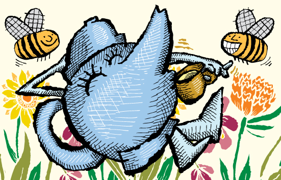 Illustration of a happy teapot drinking tea in a bed of flowers
