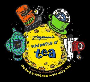 The universe o'tea the best-tasting teas in the milky way! a tea pot and tea cups surround a planet
