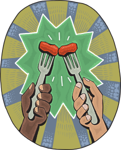 an illustration of two hands holding forks with bites of food