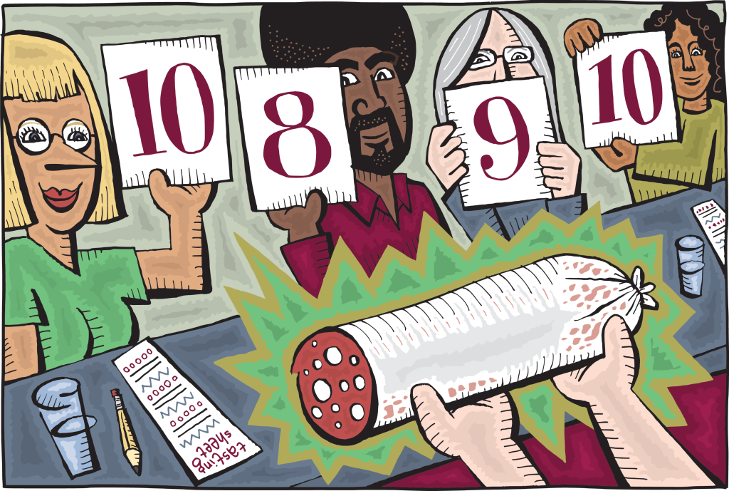 a cartoon illustration of a group of people with scorecards looking at a salami