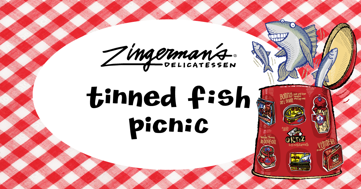 a graphic with a red and white picnic tablecloth background and a cartoon of tinned fish