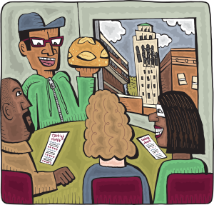 a cartoon illustration of people sitting in a conference room looking at a loaf of bread; Burton Tower is shown out the window