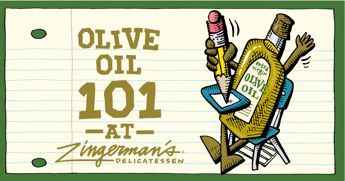 an image that reads Olive Oil 101 at Zingerman's Delicatessen and has a cartoon of a bottle of olive oil in a desk.