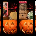 Wicked good Halloween party pairings a collage photo showing 4 different cheese and chocolate pairings with a jack-o-lantern