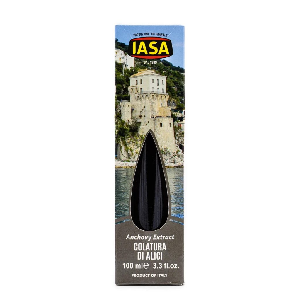 A photo of a box of IASA's Colatura sauce, with the bottle inside the box.