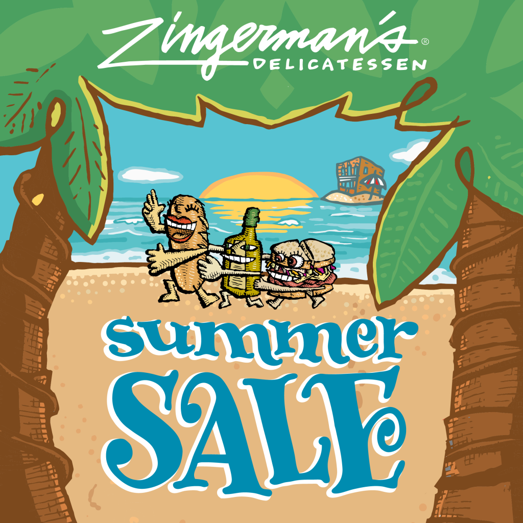 A graphic showing a loaf of bread, a bottle of olive oil, and a sandwich dancing together on a beach with the Deli building on an island on the horizon, and two palm trees on either side of the graphic. Below the dancing characters is the text "Summer Sale."