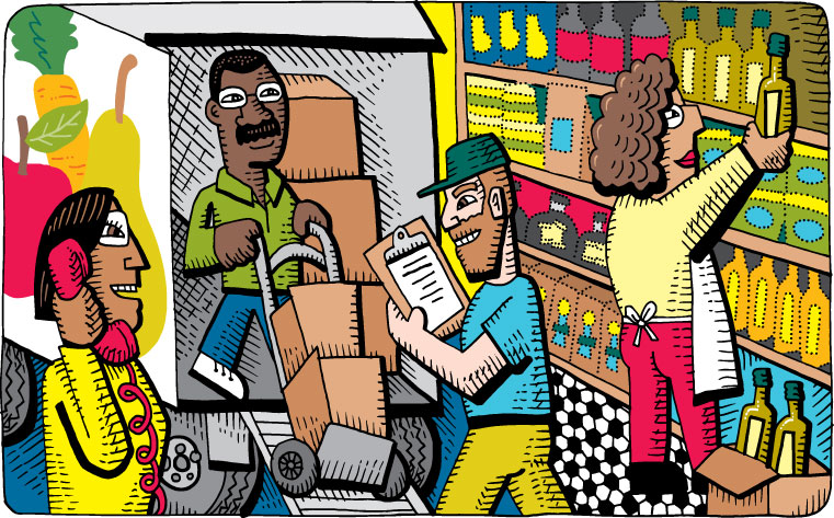A cartoon drawing of a Deli staffer receiving an order of boxes from a man unloading a truck, with another staff member talking on a phone and another stocking shelves with olive oil.
