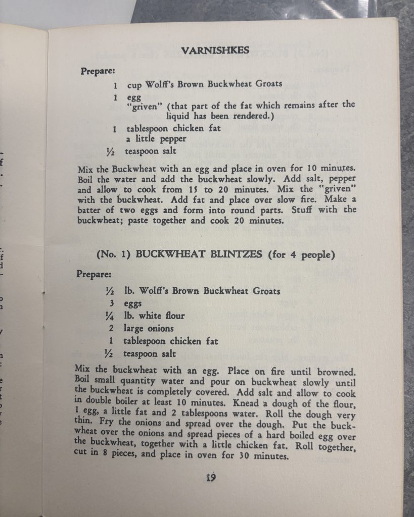 A photo of the recipe for Kasha Varnishkes from the cookbook.