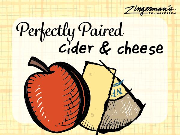 A graphic with a light yellow background featuring an illustration of a wedge of cheese and an apple, with text above that reads "Perfectly Paired: Cider & Cheese."