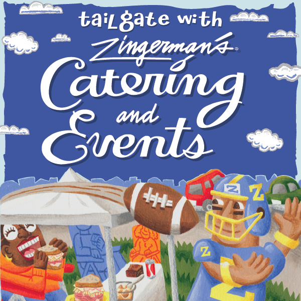 A graphic featuring an illustration of a person enjoying a sandwich underneath a tent and a football player running to catch a football, with text along the top half of the graphic that reads "Tailgate with Zingerman's Catering and Events."