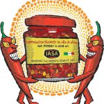 An illustration of two red peppers wearing sunglasses carrying a jar of IASA Peperoncino.