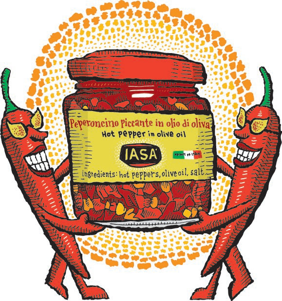 An illustration of two peppers wearing flame sunglasses, carrying a giant jar of IASA Peperoncino.