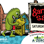 GARAGE SALE!!! A graphic featuring a pickle walking with a yellow Zingerman's back in front of the Deli and Next Door buildings, and a large yard sign that reads "Garage Sale, Saturday June 20." Along the bottom is a blue Deli tile banner with the Deli logo and text that reads "in partnership with A2Zero."