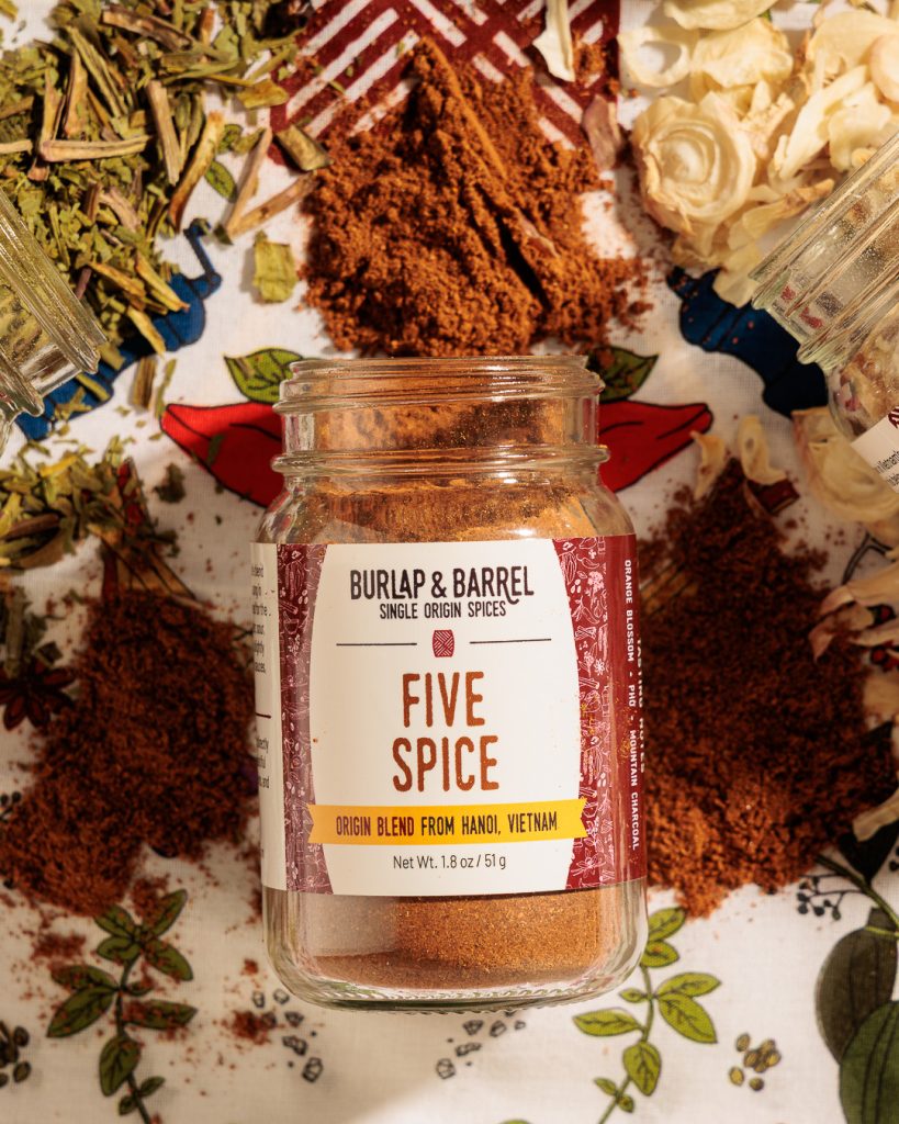 A top-down photo of a jar of Burlap & Barrel Five Spice.