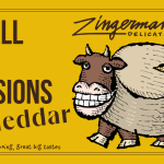 Small Bite Sessions: Cheddar A graphic with a yellow background and an illustration of a cow whose body is made of a wheel of cheese, with text that reads "Small Bite Sessions: Cheddar." In smaller text below it, "30 minutes of learning, great big tastes." The Deli logo is in the upper right corner.