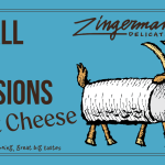 A graphic with a blue background and an illustration of a goat whose body is made of a log of goat cheese, with text that reads "Small Bite Sessions: Goat Cheese." In smaller text below it, "30 minutes of learning, great big tastes." The Deli logo is in the upper right corner.