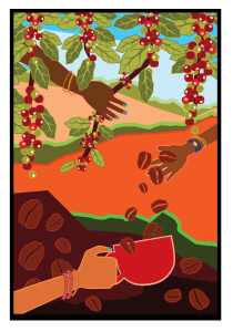 An illustration featuring hands plucking coffee berries from a tree where they fall into someone's coffee cup.