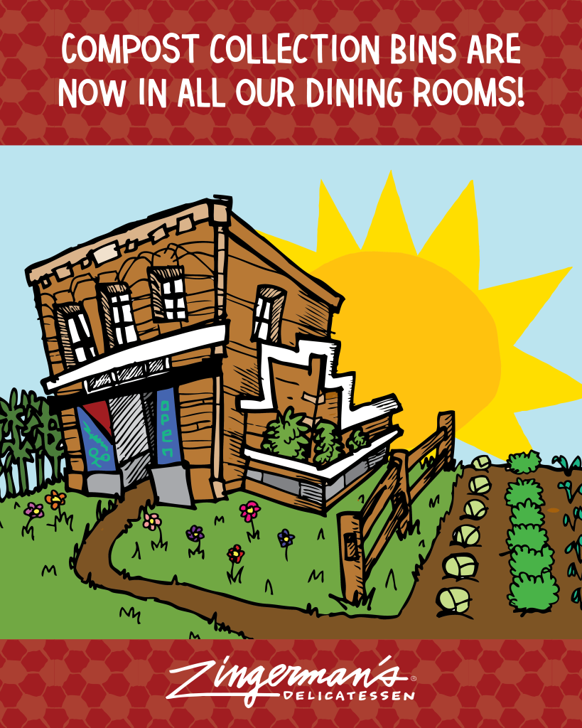 A graphic featuring a red Deli tile border and an illustration of the sun rising behind  the Deli building, with text along the top that reads "Compost collection bins are now in all our dining rooms!" The Deli logo is along the bottom.