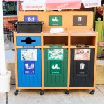 A photo of the Deli's waste stream sorting bins outside on the patio.