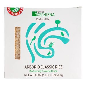 A photo of a box of Cascina Oschiena Arborio Rice.