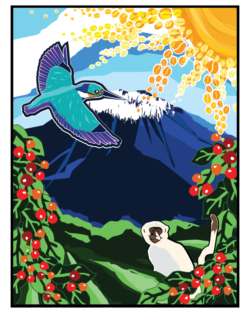An illustration of a bird flying over a mountain and a monkey in the greenery below, with a border of coffee berries and a sunny sky.