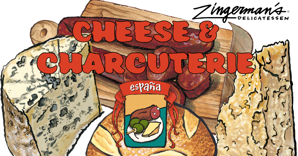 an image of cheese and meats that reads "cheese and charcuterie"