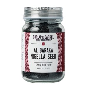 A photo of a jar of Burlap & Barrel Al Baraka Nigella Seeds.
