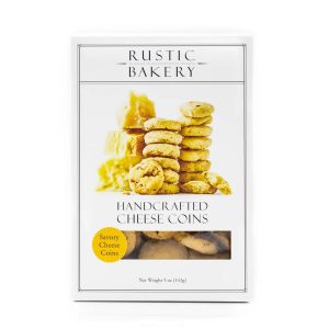 A photo of a box of Rustic Bakery Cheese Coins.